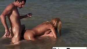 Blonde Hottie Barbie Banks Enjoys a Wild Beach Threesome with Two Studs