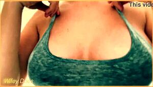 Wife shows braless wet shirt with big tits