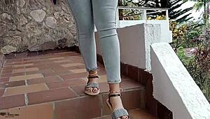 Beautiful Samantha fucks the gardener alone at home with deepthroat and creampie