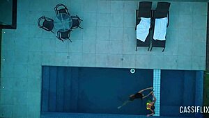 A wild pool party with a horny boyfriend and a voluptuous brunette who loves anal play