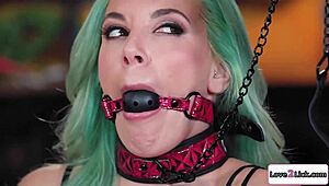 busty milf in lingerie submits to dominatrix whipping her ass