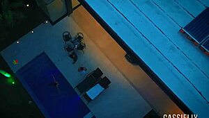 A wild pool party with a horny boyfriend and a voluptuous brunette who loves anal play