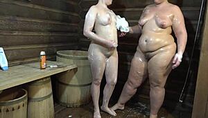 Wow, chubby milfs in shower with hairy pussies are so hot! 🛁