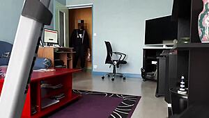 Milf in skirt sucks young courier under upskirt.