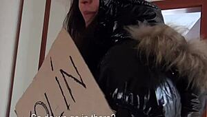 Euro girl next door strips naked for quick cash in public.