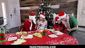 Famstroking - Holiday Family Foursome with Charlotte Sins and Summer Hart at Dinner