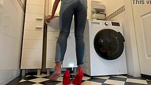 i'm wetting my jeans and high heels while playing with pee