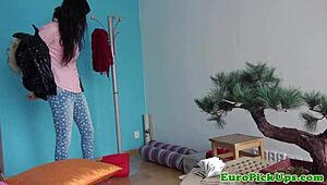 Euro girl next door strips naked for quick cash in public.