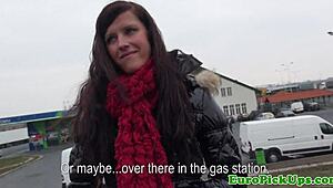 Euro girl next door strips naked for quick cash in public.