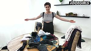 olive glass milf casting with big tits fingering hairy pussy. she cums hard in sexy lingerie during interview.