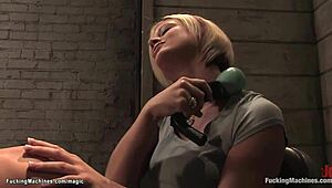 Blonde office worker enjoys solo pleasure with insertion