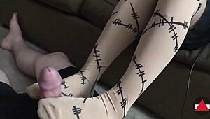 she gives a pre-cum footjob in pantyhose