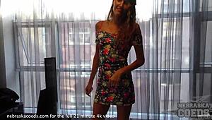 Really Skinny Tanned Model Dances in Striptease Casting