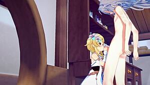 Genshin Impact hentai with Lumine’s handjob and blowjob to Razor