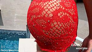 Muscular bodybuilder lesbian with big tits twerks ass in dress without panties