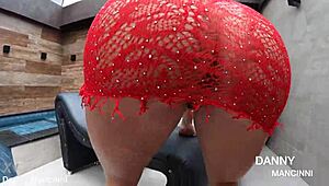 Muscular bodybuilder lesbian with big tits twerks ass in dress without panties