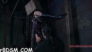 Rough bondage POV with slut sucking cock before bent over fucking.