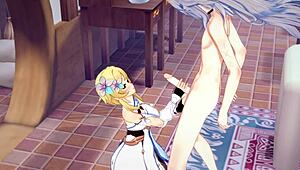 Genshin Impact hentai with Lumine’s handjob and blowjob to Razor