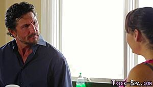 Adorable Brunette Masseuse Rides Monster Cock Hard For Facial Cumshot!