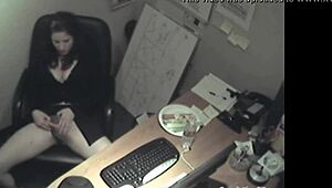Horny secretary rubs big tits while masturbating in office hidden cam.