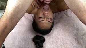 Shantel Dee gets rough deepthroat on bed, flipped upside down, cum everywhere!