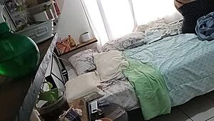 Chubby Mexican milf cleaning her room caught on hidden cam