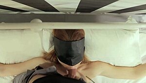 The blindfolded redhead was tied up, vibrated to orgasm, then fucked hard in mouth and pussy