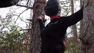 Outdoor stroll in the woods wearing sexy clothes and high heels