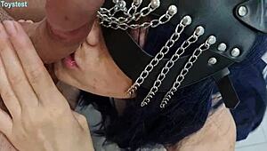 young wife in cosplay sucks masked babe's cum in mouth