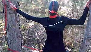 Outdoor stroll in the woods wearing sexy clothes and high heels