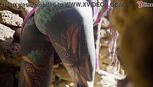 Tattooed slut with pierced pussy gets anal fucked outdoors