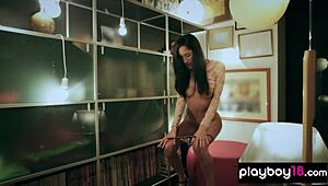 Watch this classy brunette babe finger her pussy in lingerie?