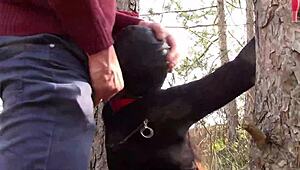 Outdoor stroll in the woods wearing sexy clothes and high heels