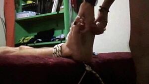 Wife Femdom Performs Homemade Falaka Bastinado on Bound Husband's Feet