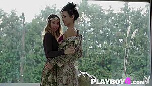 Hot playboy model Diana Lark poses with sexy small-titted lesbian milf Lucy M.