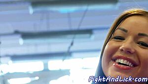 Lesbian Beauty Licks Pussy In A Boxing Ring!