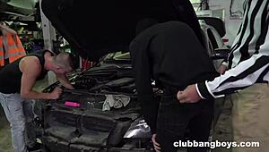 auto service boss bangs his boys with raw anal.