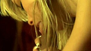 Energetic blonde milf teases with interracial blowjob and striptease