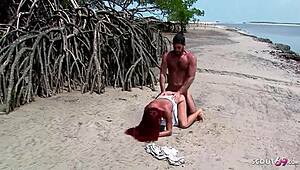 Redhead curly-haired Latina teen Marcia gets rough outdoor sex at the beach with a facial.