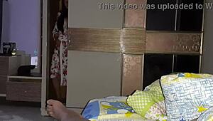 My stepsister peeps from the closet while I jerk off, then she masturbates too, leading to her flying orgasm