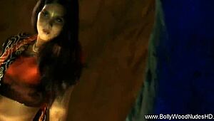 brunette indian performs teasing striptease with undressing and dancing