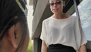 Asian teen Ella Voneva gets her pussy rammed by Diamond Banks with strap on.