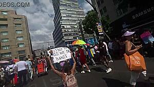 giving kisses in cdmx with miniskirt on lgbt march day, flashing big ass