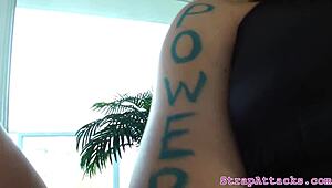 Dominant beauties peg their submissive guy in a group scene