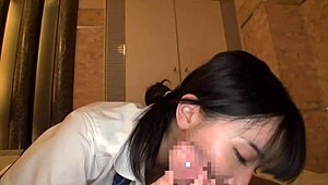 Japanese beauty gets fucked with a toy after giving a blowjob