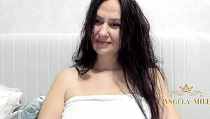 horny brunette milf masturbates hairy pussy after shower. want young cock now, angela-milf?