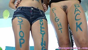 Dominant beauties peg their submissive guy in a group scene