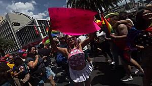 giving kisses in cdmx with miniskirt on lgbt march day, flashing big ass