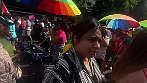 giving kisses in cdmx with miniskirt on lgbt march day, flashing big ass
