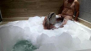 i'm horny blonde milf sucking cock in bathroom massage... oops